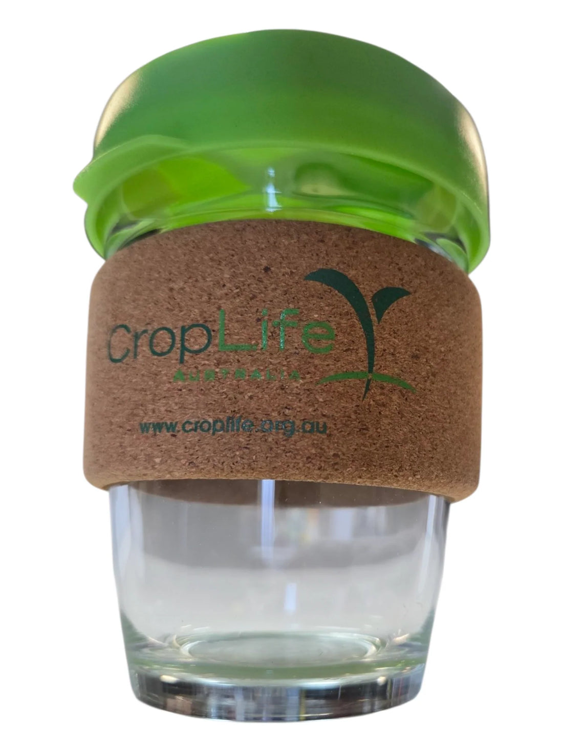 transparent bottle with green lid and eco friendly stubby cooler